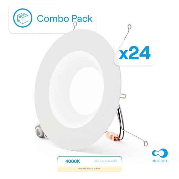 Infibrite 5"/6" Recessed Retrofit LED Downlight, 3000K Warm White, Dimmable, 12W 1100LM, Wet Rated, E26 Adapter (Set of 6) (Set of 24)