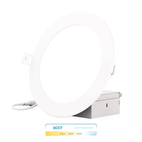 Infibrite 6 Inch 3000K/4000K/5000K Selectable 12W 1050LM Thin LED Ceiling Light with J-Box, Flush Mount, Dimmable, Wet Rated, Easy Install, 110W Eqv, ETL & Energy Star, US Company