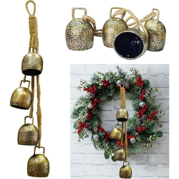 Infidev 4pcs Shabby Chic Christmas Cow Bells, Brass Accented Metal Hanging Decorations, Vintage Style Wall and Doorway Ornament