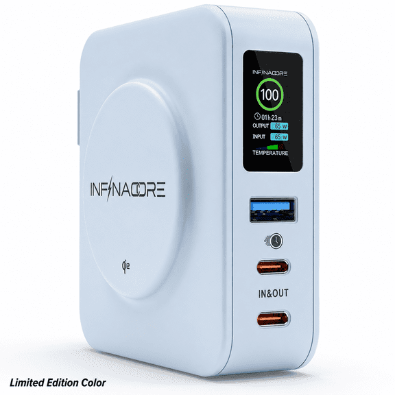 InfinaCore P3 Pro 65W Travel Power Bank 10,000mAh Qi2 Magnetic Wireless Charger with Universal Travel Adapters Ocean Blue