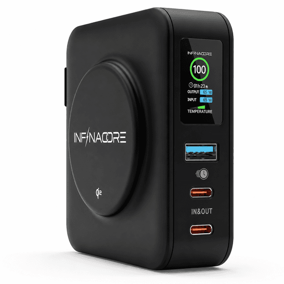 InfinaCore P3 Pro 65W Travel Power Bank 10,000mAh Qi2 Magnetic Wireless Charger with Universal Travel Adapters Midnight Black