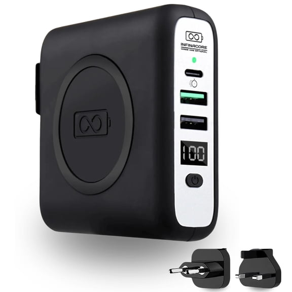InfinaCore Pandora P3 8000mAh Portable Power Bank Battery Qi Wireless Charging Pad with USB-C and USB-A Wall Charger Ports (With EU/UK Travel Adaptors) - Black