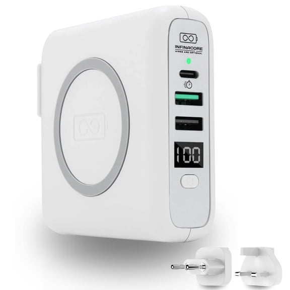 InfinaCore Pandora P3 8000mAh Portable Power Bank Battery Qi Wireless Charging Pad with USB-C and USB-A Wall Charger Ports (With EU/UK Travel Adaptors) - White