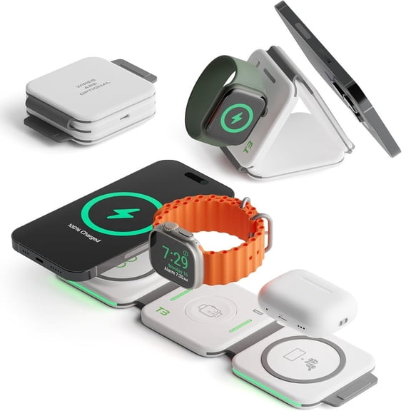 InfinaCore T3 3-in-1 MagSafe Wireless Charging Station for iPhone, Apple Watch, and AirPods - White
