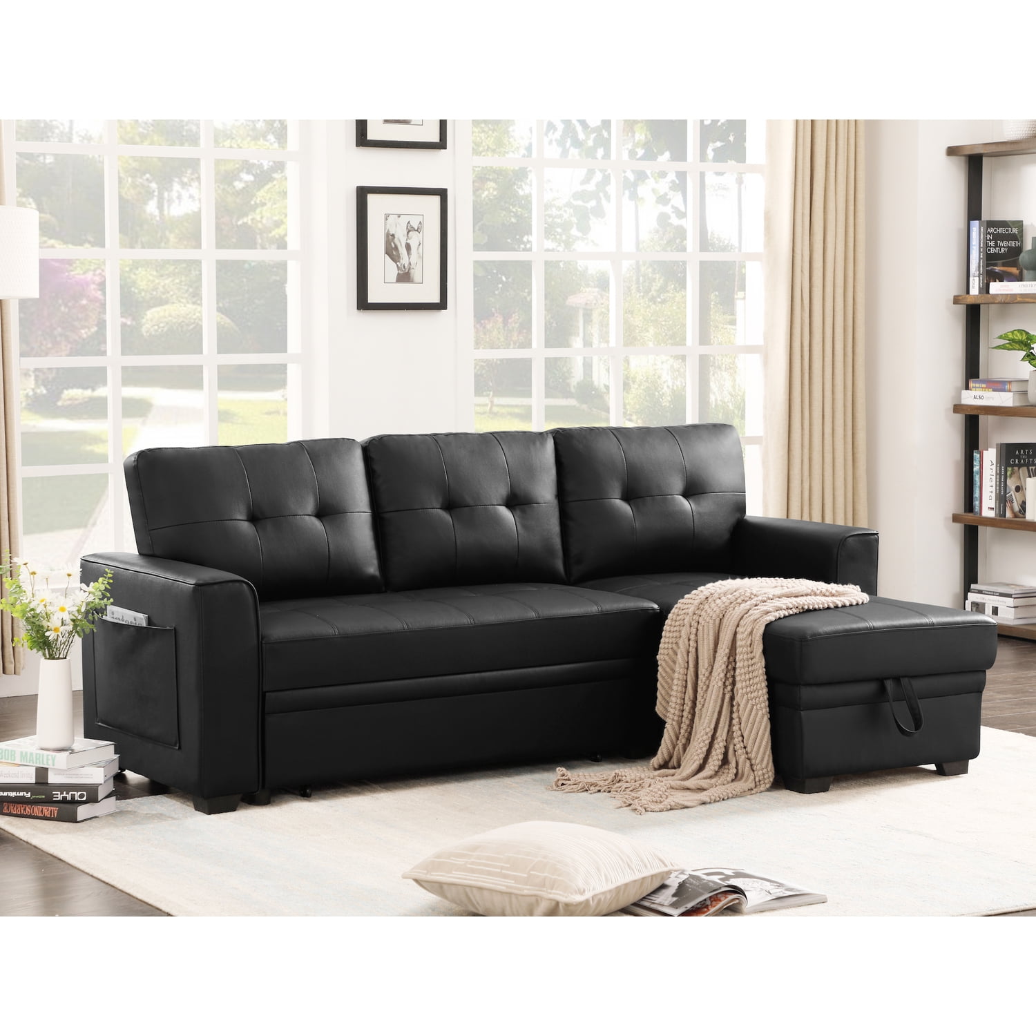 Infini Furnishings 84 Wide Sectional Sofa with Pull Out Sleeper Bed Reversible Storage Chaise Lounge Modern Tufted Line Design Sofabed Black
