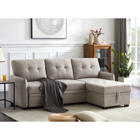 Infini Furnishings Sectional Sofa with Pull Out Sleeper Bed, Fabric Upholstered Reversible Storage Chaise Lounge, Modern Tufted Line Design Sofabed for Living Room, small space Apartment, Light Gray-C