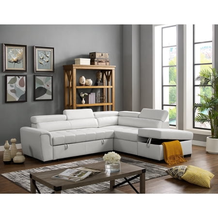 Infini Right Sided Faux Leather Sleeper Sofa with Storage Ottoman in White