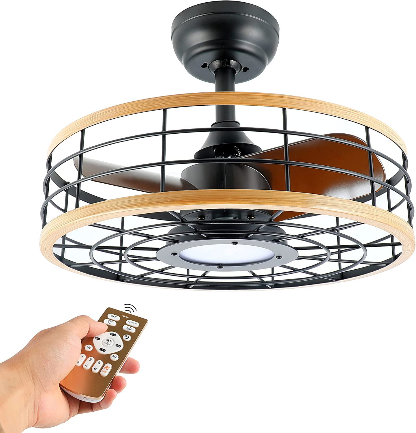 Modern Black and Wood Low Profile Ceiling Fan with LED Light and Remote