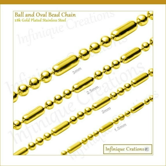 Infinique Creations - 18K Gold Plated Stainless Steel Ball And Oval Bead Chain Bracelet Necklace 1-3mm