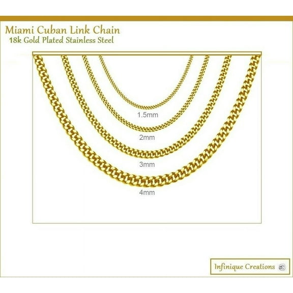 Infinique Creations - 18K Gold Plated Stainless Steel Miami Cuban Link Chain Bracelet Necklace Men Women 7"-38"