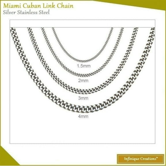 Infinique Creations - Stainless Steel Silver Miami Cuban Link Chain Bracelet Necklace Men Women 7"-38"