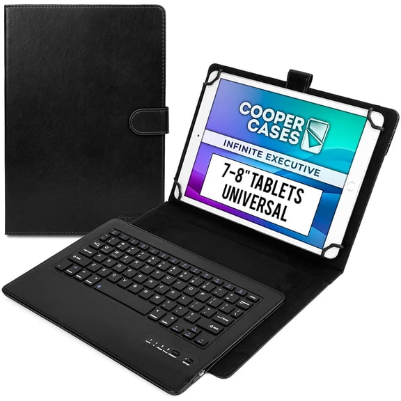 Infinite Executive Universal Tablet Keyboard Case for 7, 7.9, 8 inch | with & 2-in-1 Leather Folio Cover Bluetooth, Wireless, Hotkeys Android, Windows, iPadOS (Black)