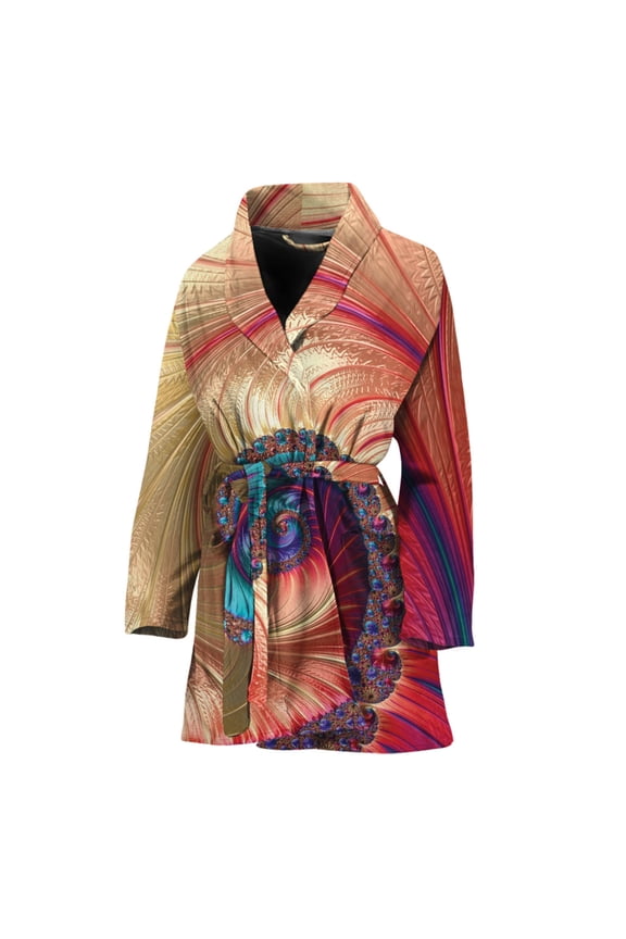 Infinite Fractal Women Bathrobe One Size Univeral Fits, Bohemian Mandala Yoga Boho Geometric Psychedelic Fashion Lightweight Plush Fleece Long Robe For Women