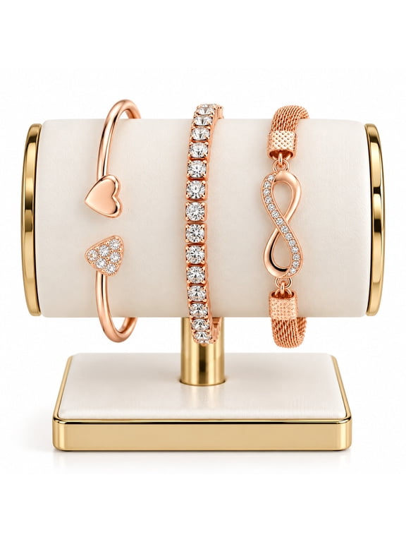 Rose Gold Bracelet Set for Women, Heart, Crystal Tennis & Infinity Charm Stackable Bracelets