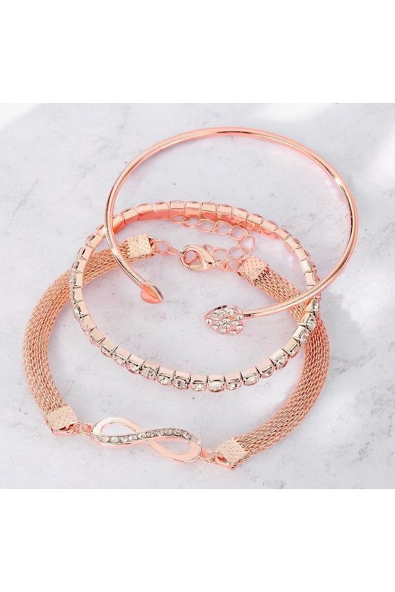 Infinite Glow Bracelet Trio Rose Gold Stackable Bracelet Set for Women with Infinity Charm & Rhinestone Detail, Adjustable
