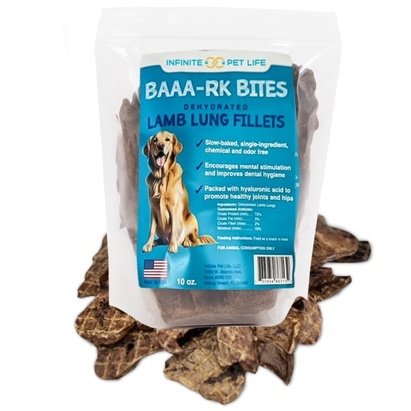 Infinite Pet Life BAAA-RK Bites Lamb Lung Dog Treats | 10oz | Made in USA | Dehydrated Lungs for Dogs
