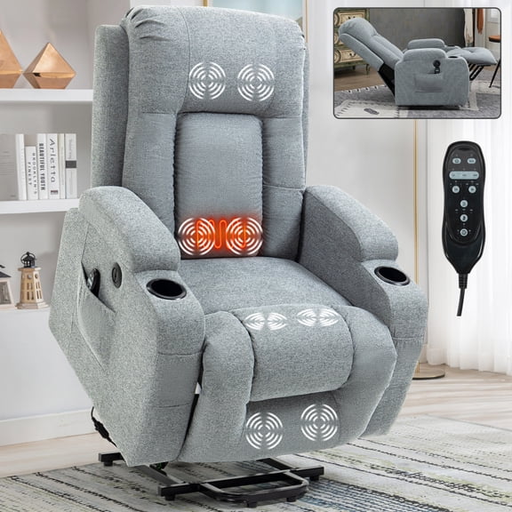 Infinite Position Single Motor Up to 350 LBS Power Lift Recliner Chair for Elderly, Heavy Duty Motion Mechanism with 8-Point Vibration Massage and Lumbar Heating, USB Charging Port, Cup Holders