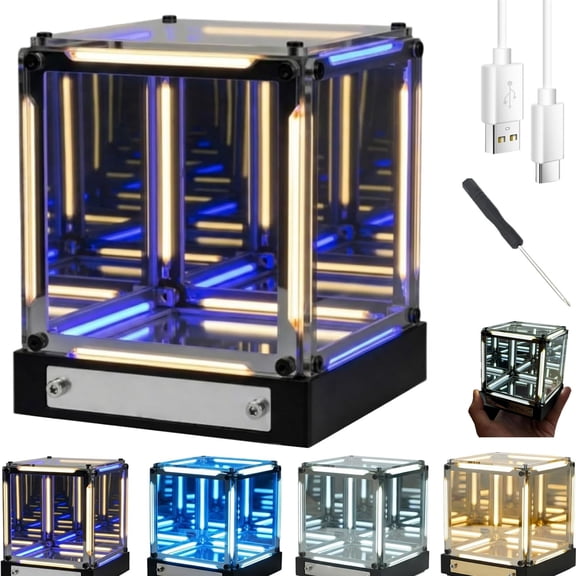 Infinite Space Abyss Lamp, 4D Infinity Mirror Cube Light, Rechargeable LED Hyper Cube Night Light (Warm and Blue)