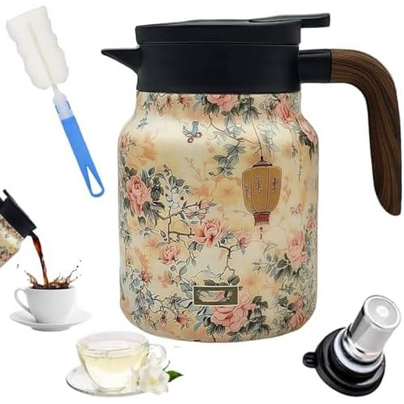 Infinite Teapot, Infinite Vintage Floral Pattern Teapot – Built-In Infuser, 316 Stainless Steel Insulated Tea Bottle, 6-12 Hours of Heat/Cold