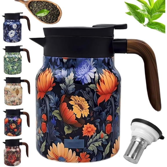 Infinite Teapot Tea Pot, Vintage Floral Teapot with Built in Infuser for Hot Drinks, Stainless Steel Maker for Loose Leaf Tea Hot Keeping, Unique Cute Kettle Pot Warmer(#B,35oz/1000ml)