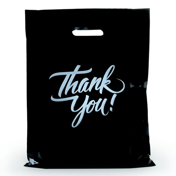 InfinitePack 100 Pieces Thank You Merchandise Bags, Die Cut Handles, Retail Shopping Bags for Boutique, Goodie Bags, Gift Bags Bulk, Favors, Reusable Plastic Bags 9X12