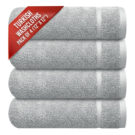 Infinitee Xclusives 100% Turkish Cotton Wash Cloths - 12x12 Inches Pack of 4 Face Towels, Grey