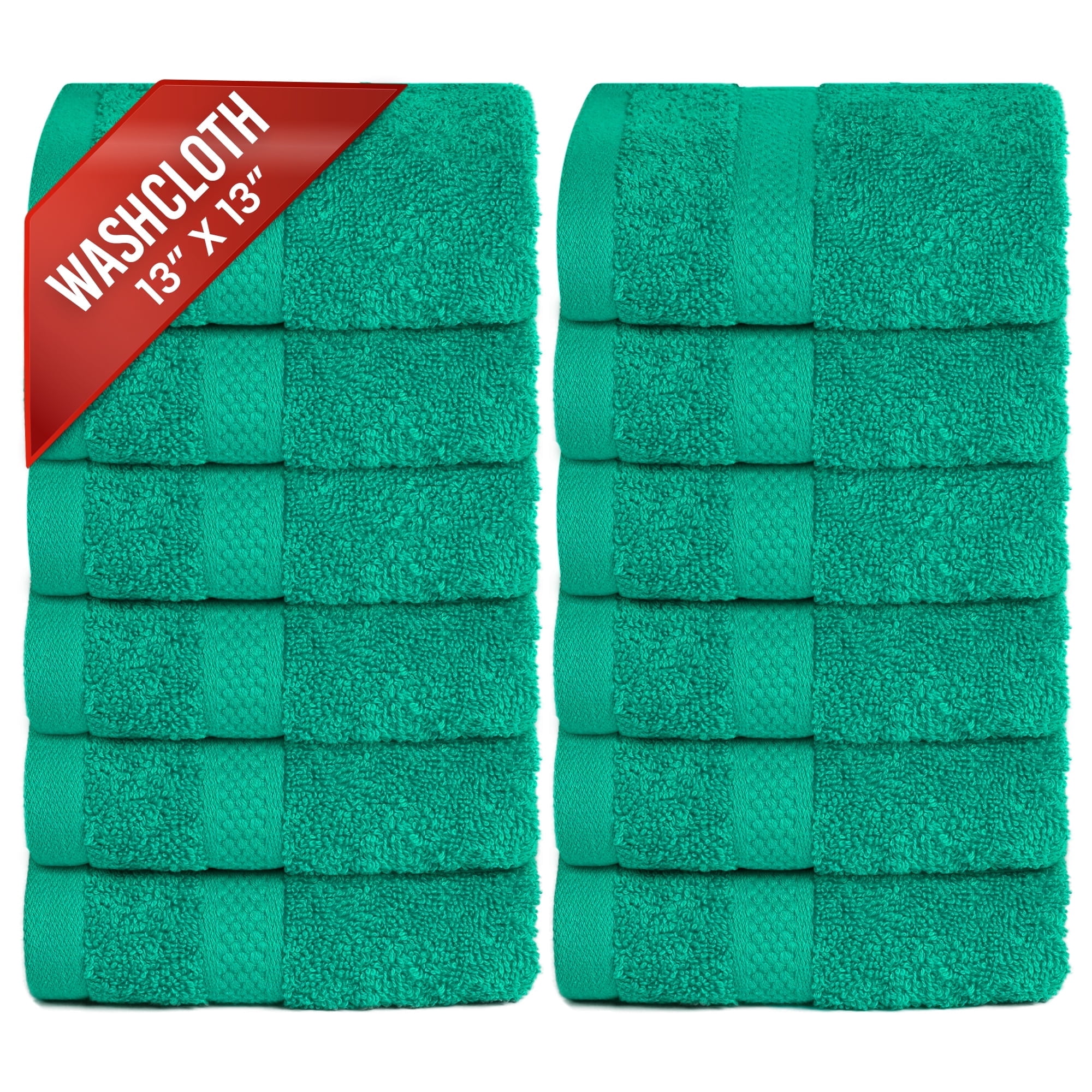 Infinitee Xclusives 12 Pack Premium Green Soft Wash Cloths and Face Towels, 13x13 100% Cotton
