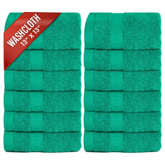 Infinitee Xclusives 12 Pack Premium Green Soft Wash Cloths and Face Towels, 13x13 100% Cotton