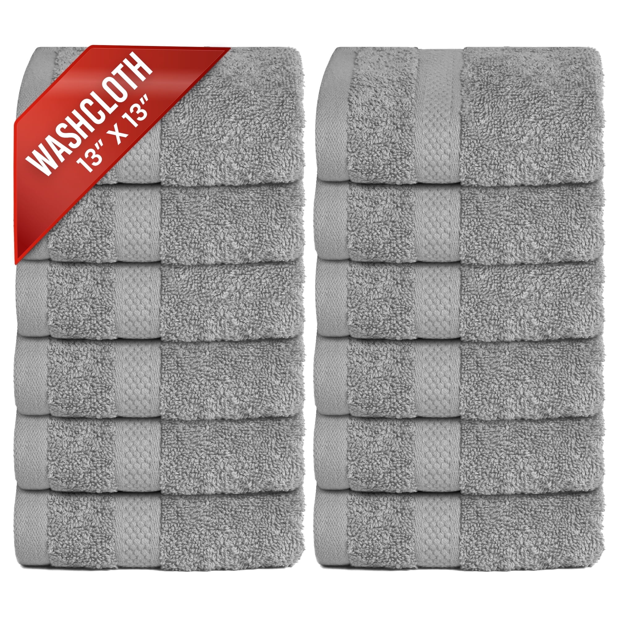 Infinitee Xclusives 12 Pack Premium Light Gray Soft Wash Cloths and Face Towels, 13x13 100% Cotton