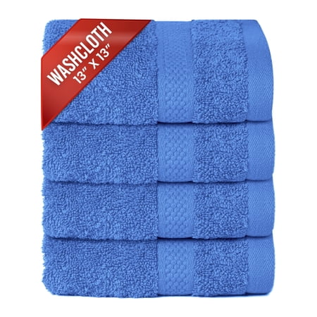 4 Pack Premium Blue Washcloth and Face Towels, 13x13 100% Cotton - Infinitee Xclusives