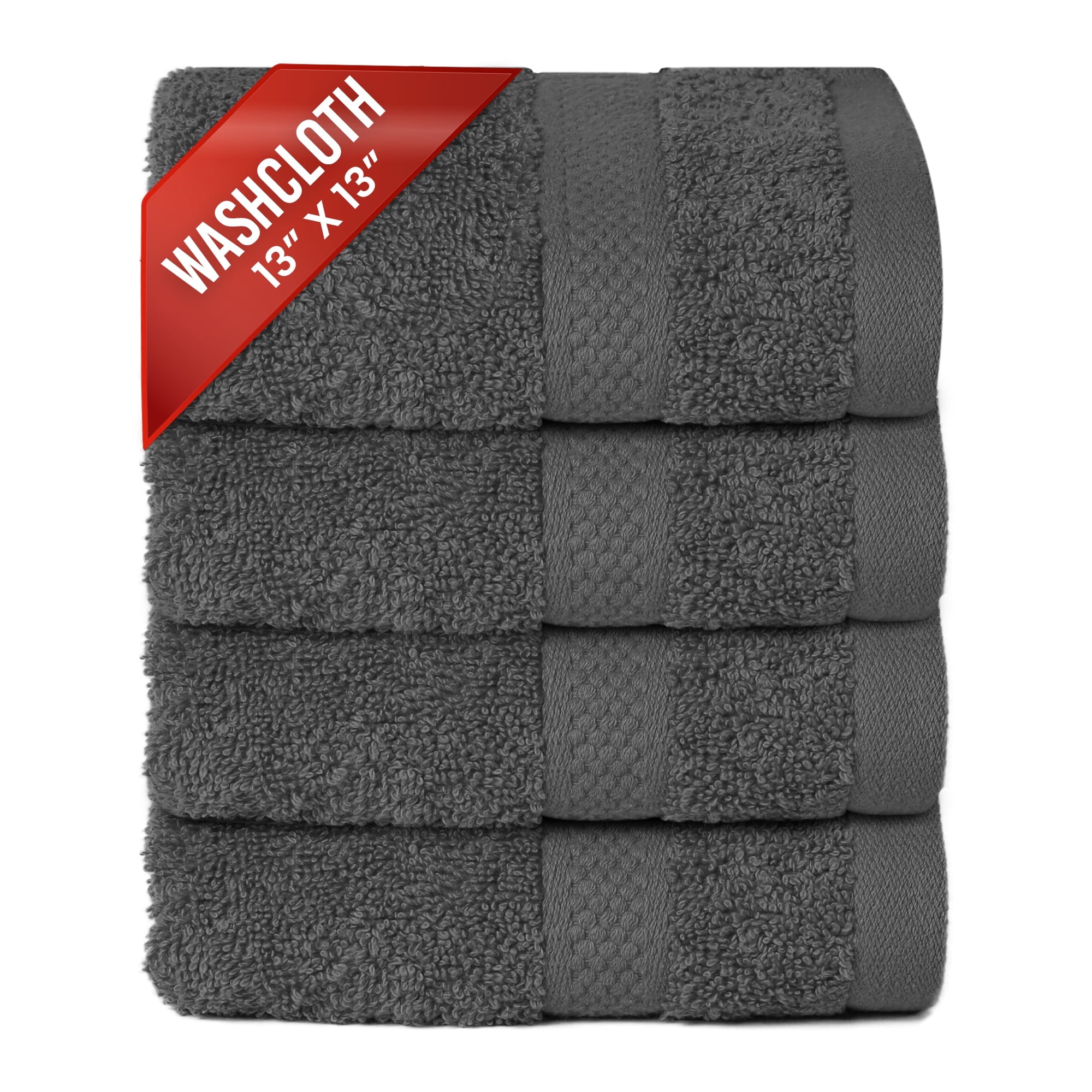 Infinitee Xclusives 4 Pack Premium Dark Grey WashCloth and Face Towels, 13x13 100% Cotton