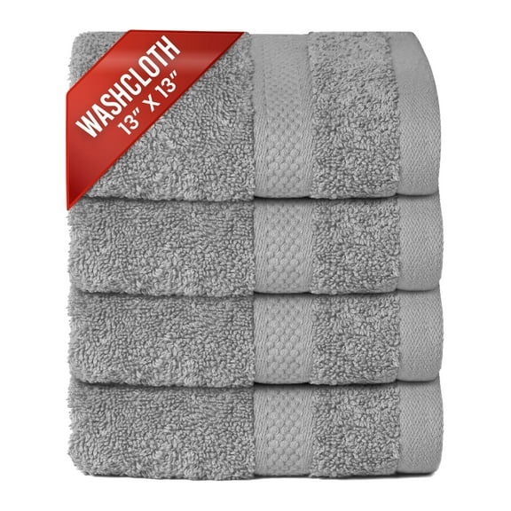 Infinitee Xclusives 4 Pack Premium Light Grey WashCloth and Face Towels, 13x13 100% Cotton