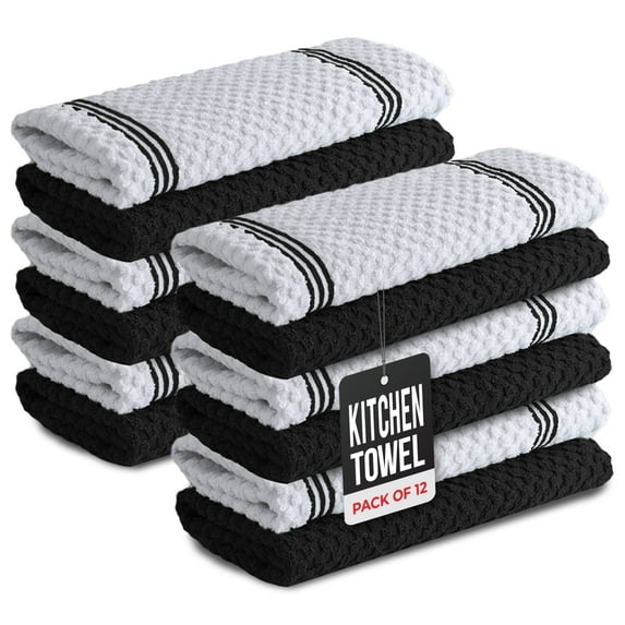 Infinitee Xclusives Black Kitchen Towel Pack of 12 - 100% Cotton - 15x25 inches.