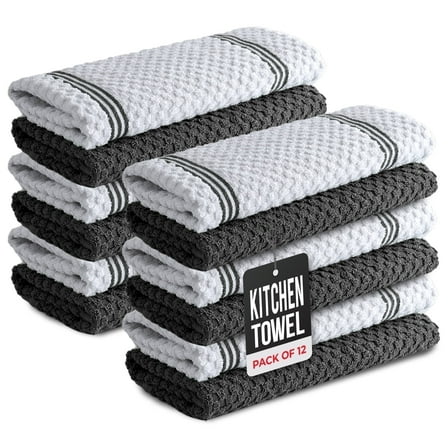 Infinitee Xclusives Kitchen Towel Dish Cloths Traditional - 100% Cotton - Pack of 12, Gray