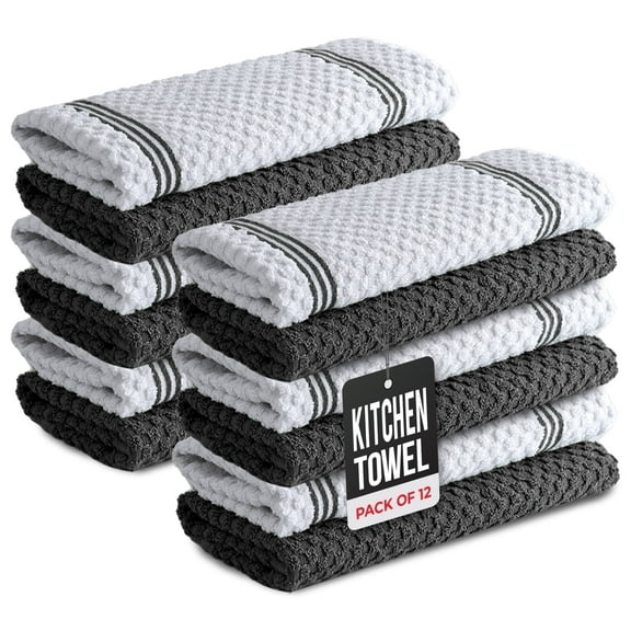 Infinitee Xclusives Kitchen Towel Dish Cloths Traditional - 100% Cotton - Pack of 12, Gray