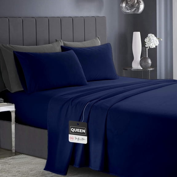 Infinitee Xclusives Queen Sheet Set of 4, 16-inch Deep Pocket - Microfiber Queen Bed Sheets, Navy blue
