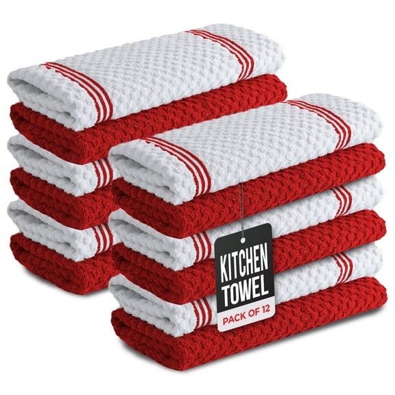 Infinitee Xclusives Kitchen Towels, Red Popcorn Pattern, 100% Cotton, Pack of 12