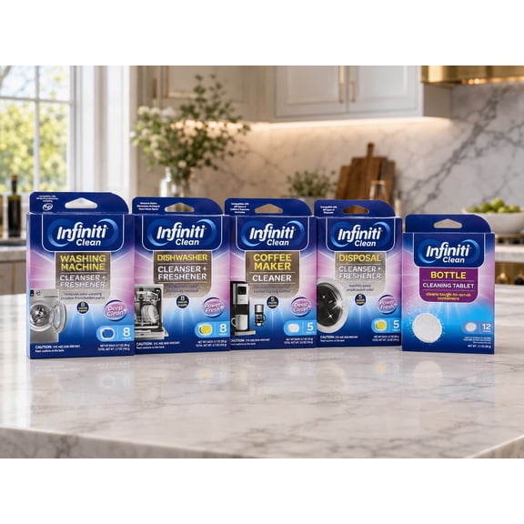 Infiniti Clean Appliance Cleaning Bundle with Dishwasher, Washer, Coffee Maker & Garbage Disposal Cleaners plus 12 Free Bottle Cleaning Tablets, Multi-Appliance Freshener Set