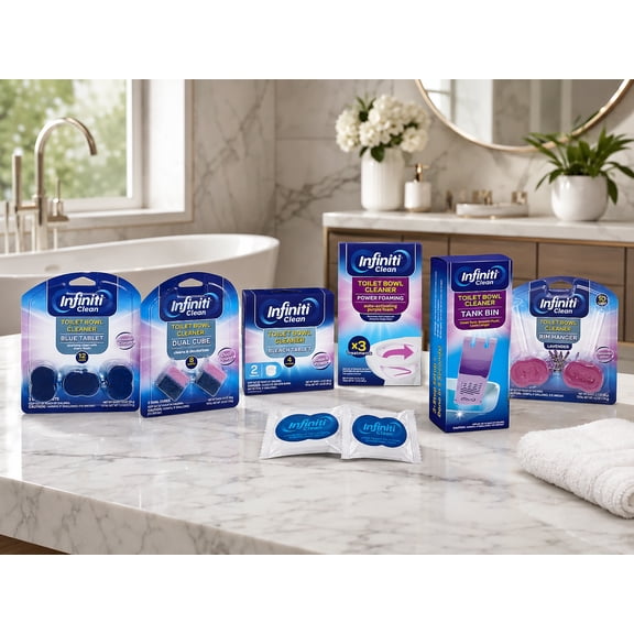 Infiniti Clean Toilet Bowl Cleaner Bundle with Tank Bin Holder, 3 Blue Tablets, 2 Dual Tablets, 2 Bleach Tablets, 3 Foaming Cleaners & Free Lavender Rim Hanger Cleaner