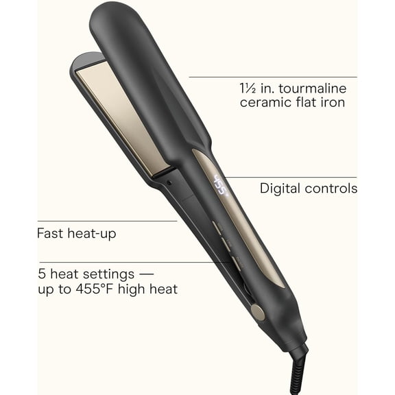 Infiniti PRO CONAIR Tourmaline Ceramic 1 ½-Inch Flat Iron Digital Hair Straightener, 1 ½-Inch Flat Iron to Straighten or Curl, 5 Heat Settings, for All Hair Types and Textures, Dark Gray