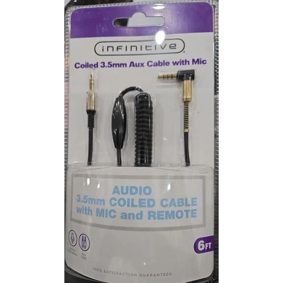 Infinitive Coiled 3.5Mm Aux Cable With Mic And Remote, 6Ft