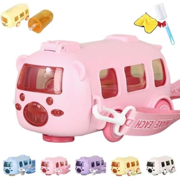 Infinitne Portable Water Cup in Bus Shape with Strap 16.9 Oz, 360° Leak-Proof Portable Water Bottle with Straw and Strap, Bounce Flip Top Straw Waters Bottle for Kids (Pink)