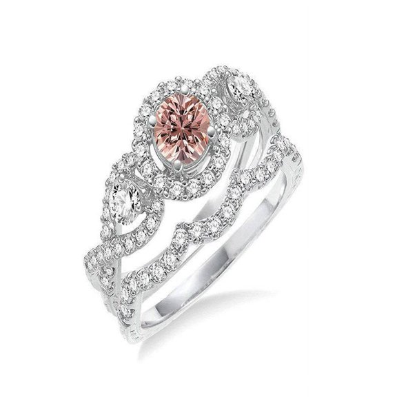 Infinity 2 Carat Round Cut Morganite And Diamond Wedding Set In 14K White Gold Affordable Morganite And Diamond Engagement Ring