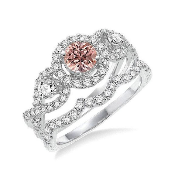 Infinity 2 Carat Round cut Morganite and Diamond Wedding Set in 14k White Gold affordable morganite and diamond engagement ring
