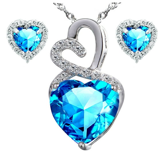 Infinity 4.0 Carat TCW Heart Cut Gemstone Blue Topaz 925 Sterling Silver Necklace Pendant and Earrings 3 Pieces Jewelry Set
