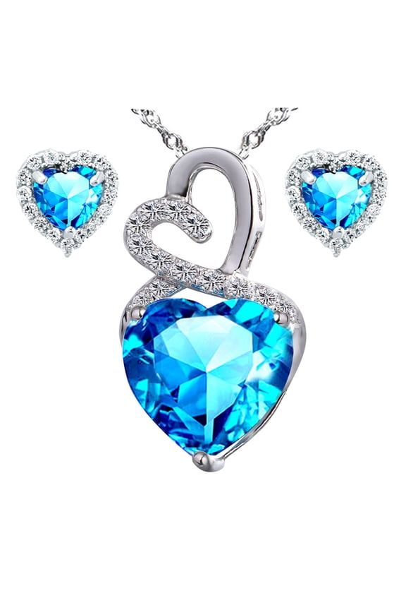 Infinity 4.0 Carat TCW Heart Cut Gemstone Blue Topaz 925 Sterling Silver Necklace Pendant and Earrings 3 Pieces Jewelry Set
