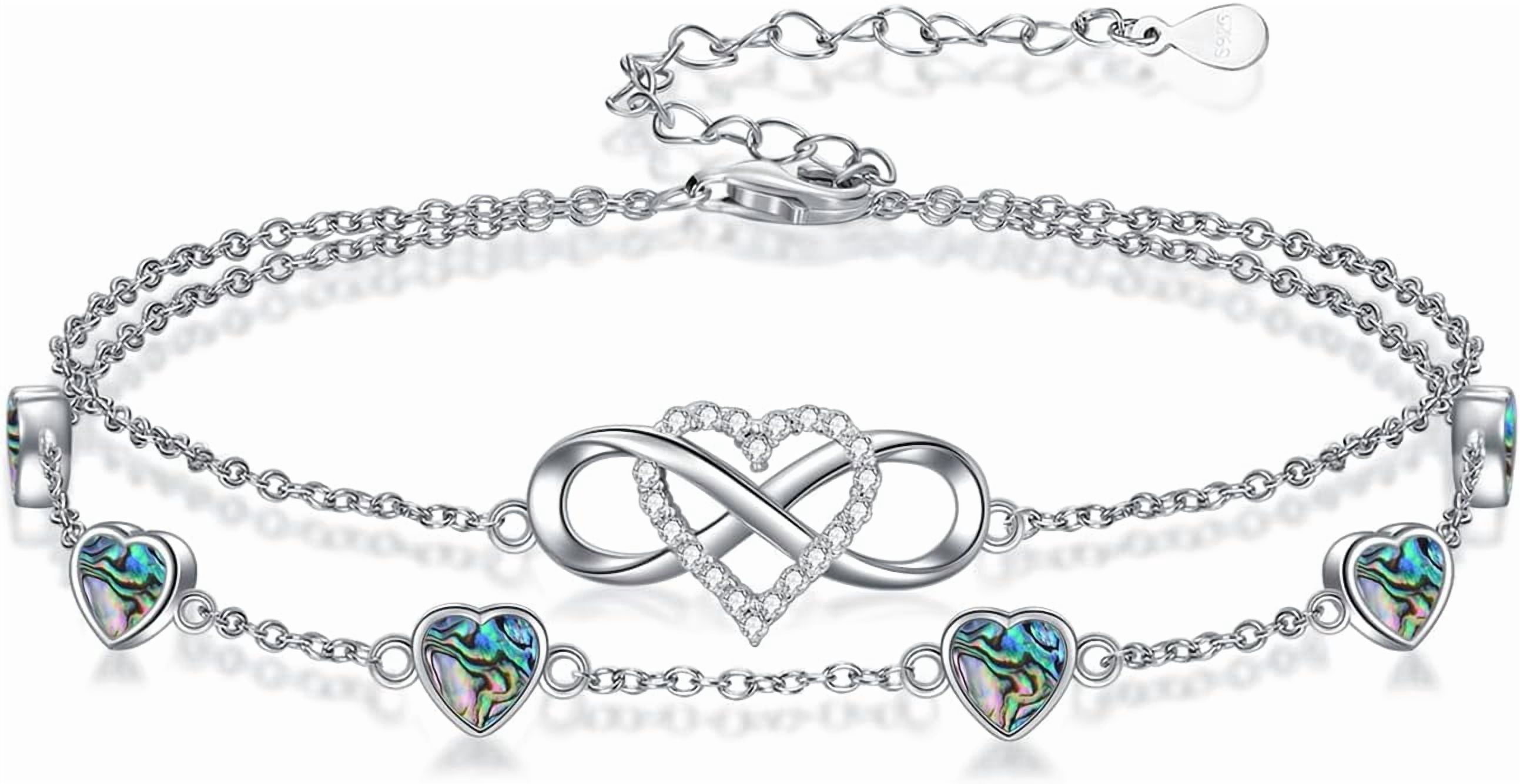 Infinity Abalone Anklet 925 Sterling Silver Double Strand Heart Abalone Anklet Birthday Jewelry Gift for Wife Women Mother,Chain Length 9"+2" Extend