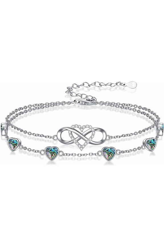 Infinity Abalone Anklet 925 Sterling Silver Double Strand Heart Abalone Anklet Birthday Jewelry Gift for Wife Women Mother,Chain Length 9"+2" Extend