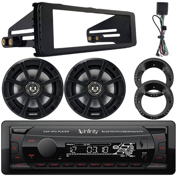 Infinity Alpha 100 Single DIN Bluetooth USB/AUX MP3 Player SD FM Radio Digital Media Receiver w/Install Kit, 2x 6.5" 120W Max Power Weather-Proof 4 Ohm Coaxial Speakers w/Adapters (1998-2013 HD)