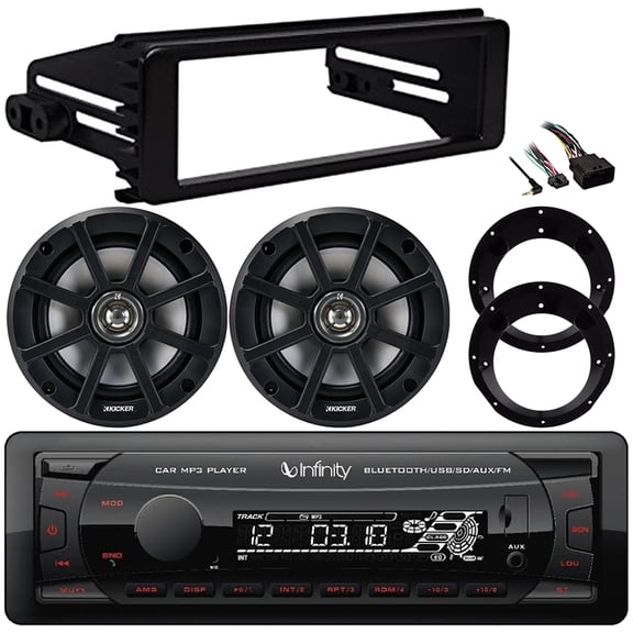 Infinity Alpha 100 Single DIN Bluetooth USB/AUX MP3 Player SD FM Radio Digital Media Receiver w/Install Kit, 2x 6.5" 120W Max Weather-Proof 4 Ohm Coaxial Speakers w/Adapters (98-2013 Harley Davidson)